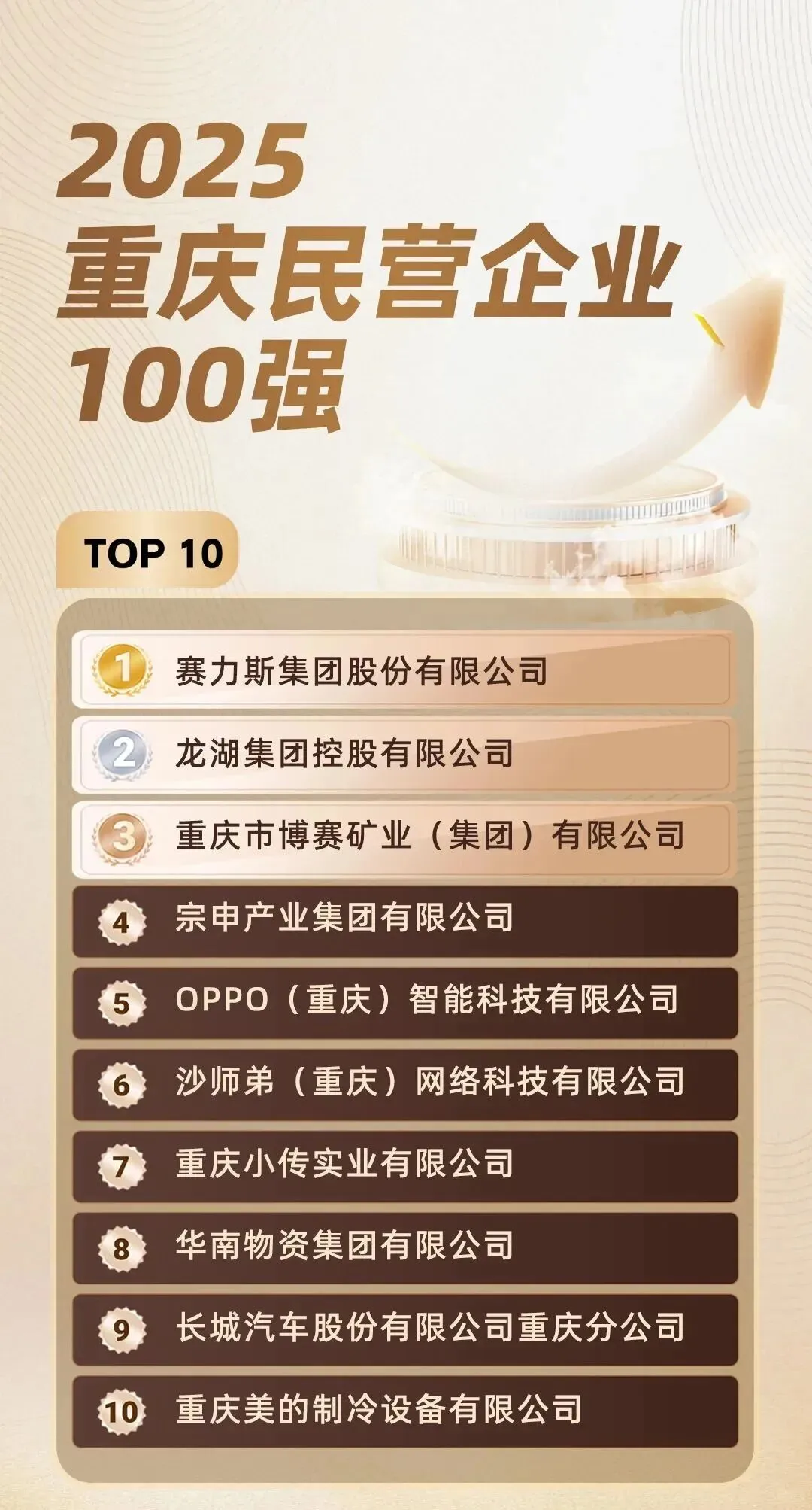 2025重庆民营企业100强：赛力斯top