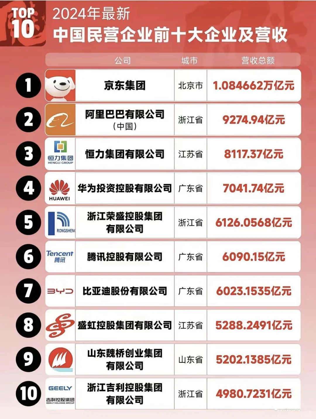 24年中国民营前10企业及营收