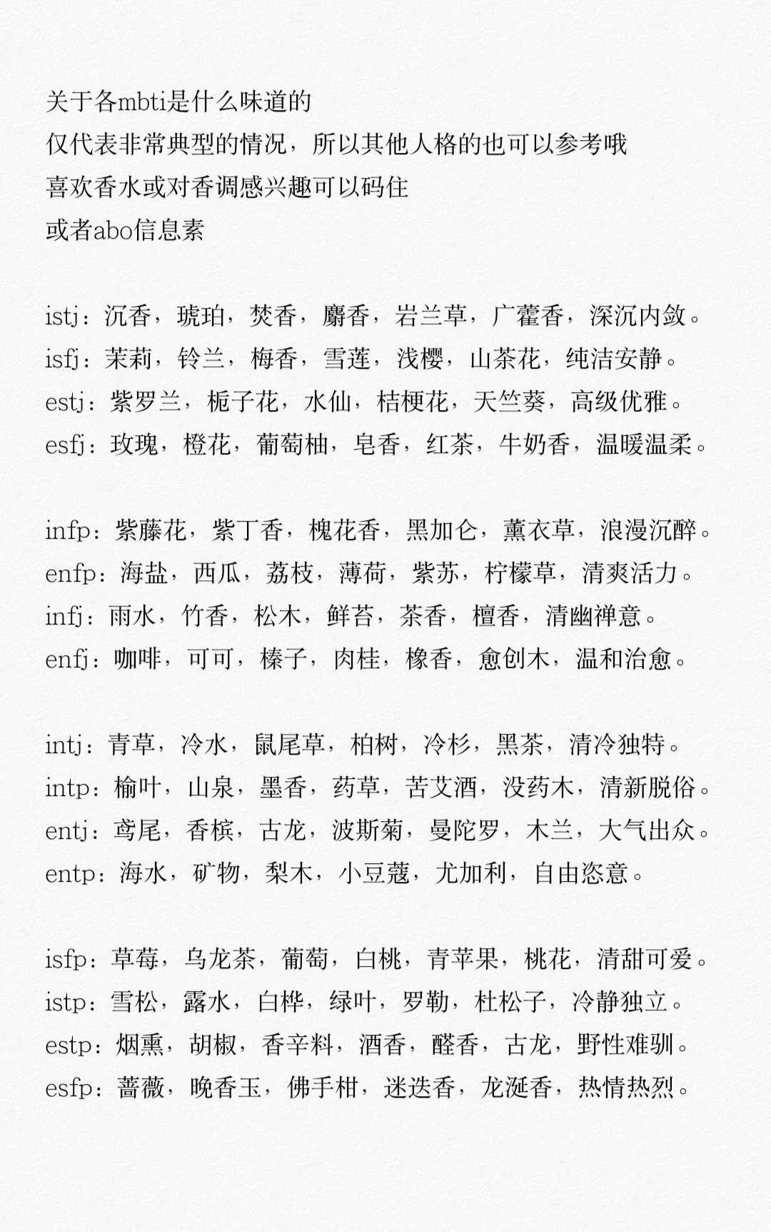 各mbti喜欢什么味道的香水（香调大全）