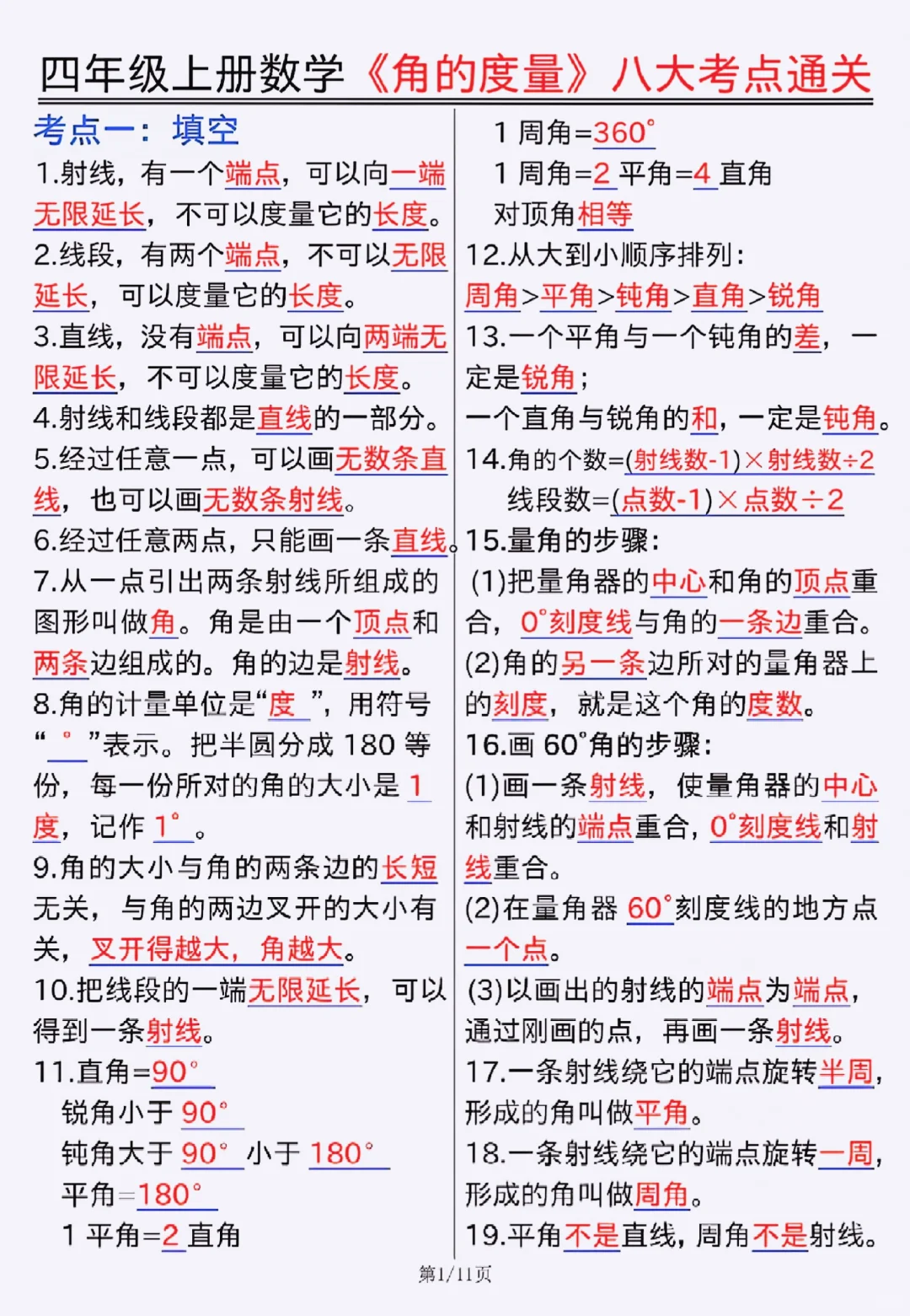 四上数学《角的度量》吃透＝稳上98+