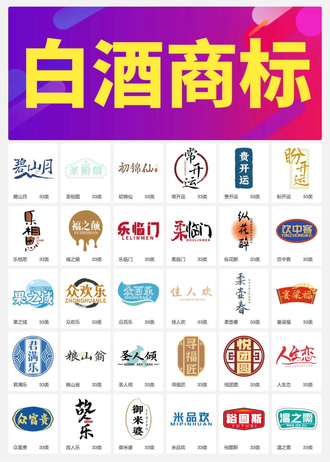 33类酱香型白酒 纯粮食酒 白酒商标转让logo