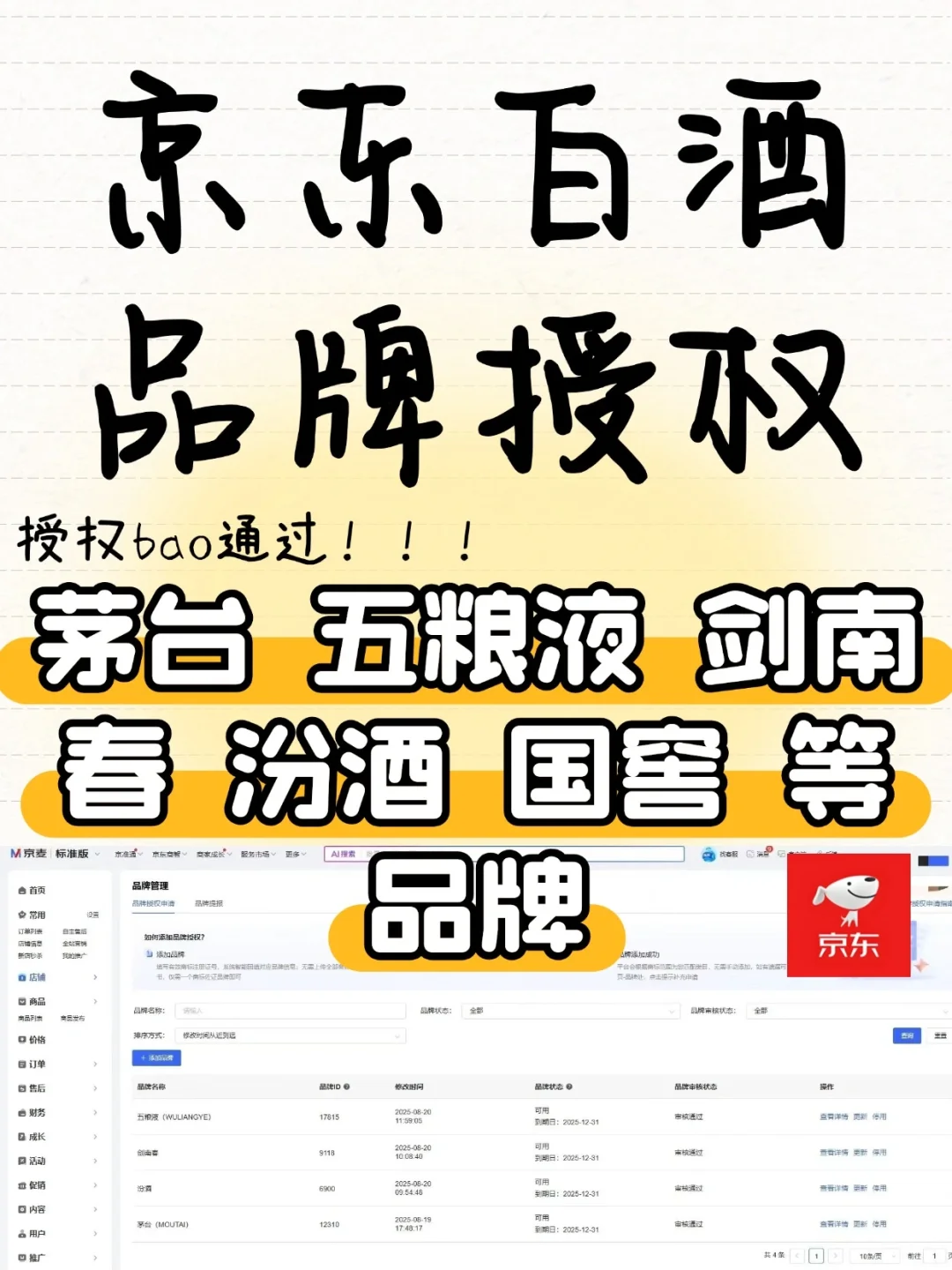 京东茅台 五粮液 汾酒 剑南春品牌授权通过