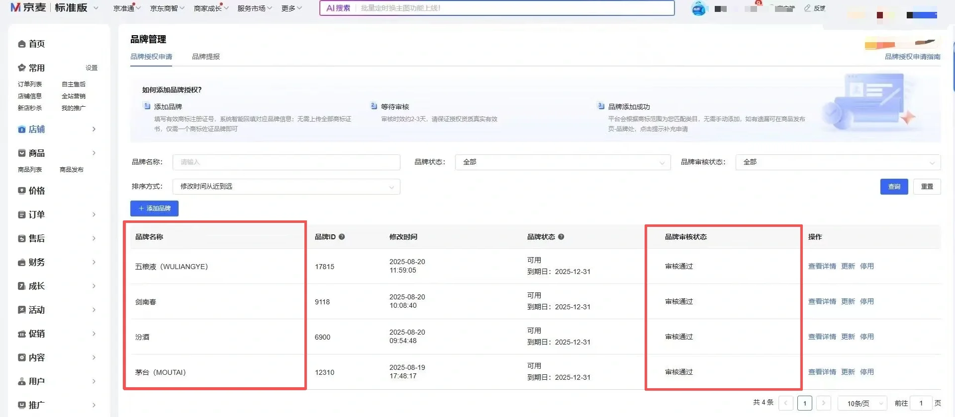 京东茅台 五粮液 汾酒 剑南春品牌授权通过