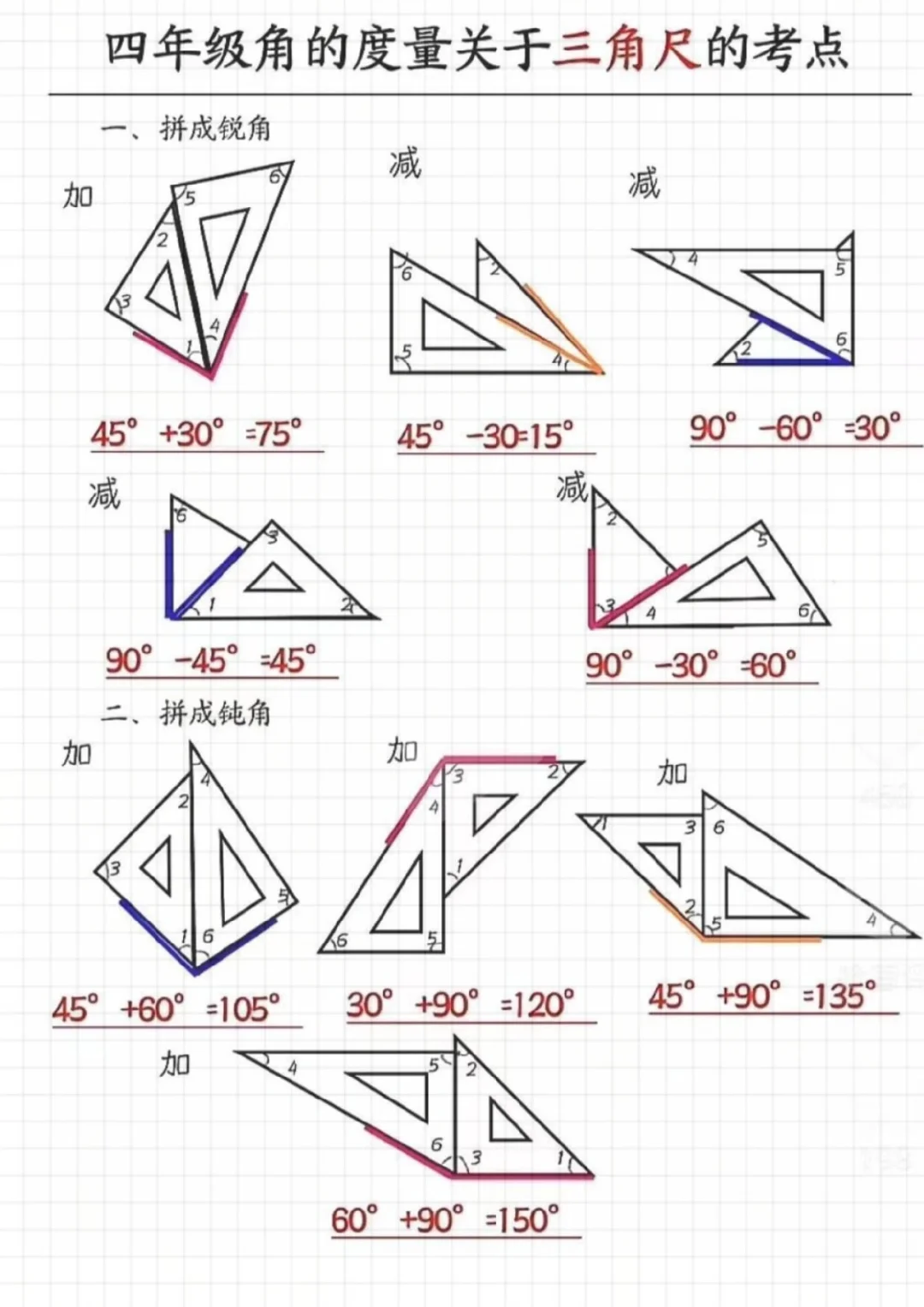 ✅✅四年级上册数学关于三角尺度数练习‼️