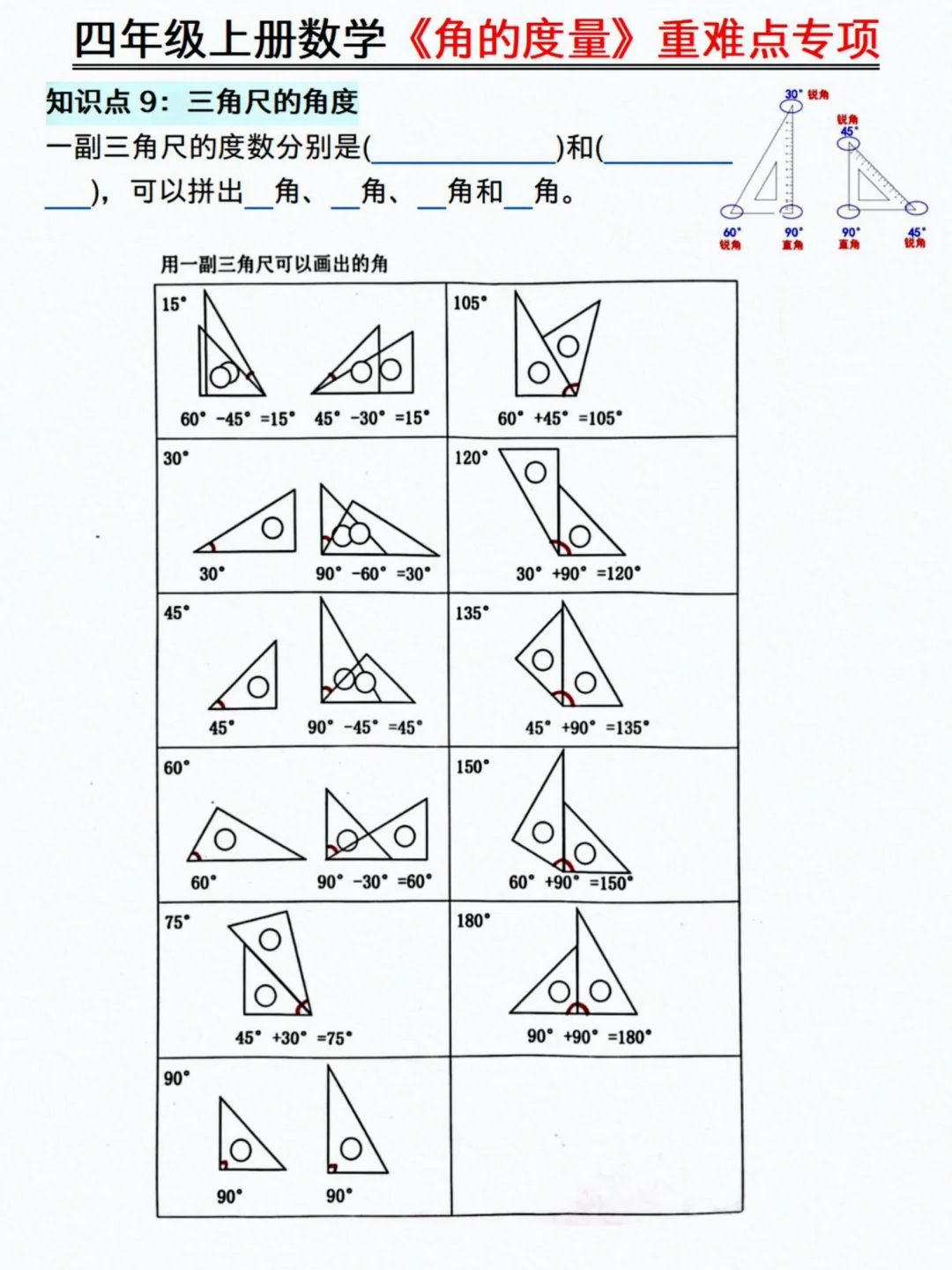 四上数学《角的度量》全部练会，开学稳前三