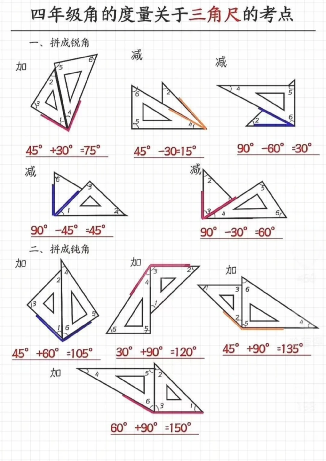 ✅✅四年级上册数学关于三角尺度数练习‼️