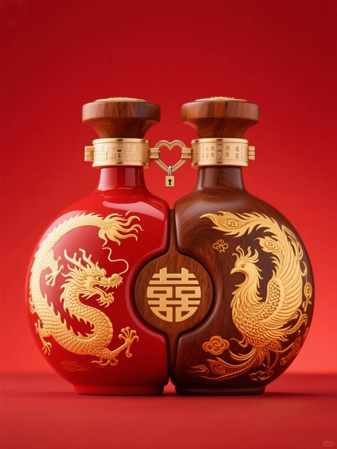 龙凤呈祥双生连理喜宴酒瓶（陶瓷木盖款）