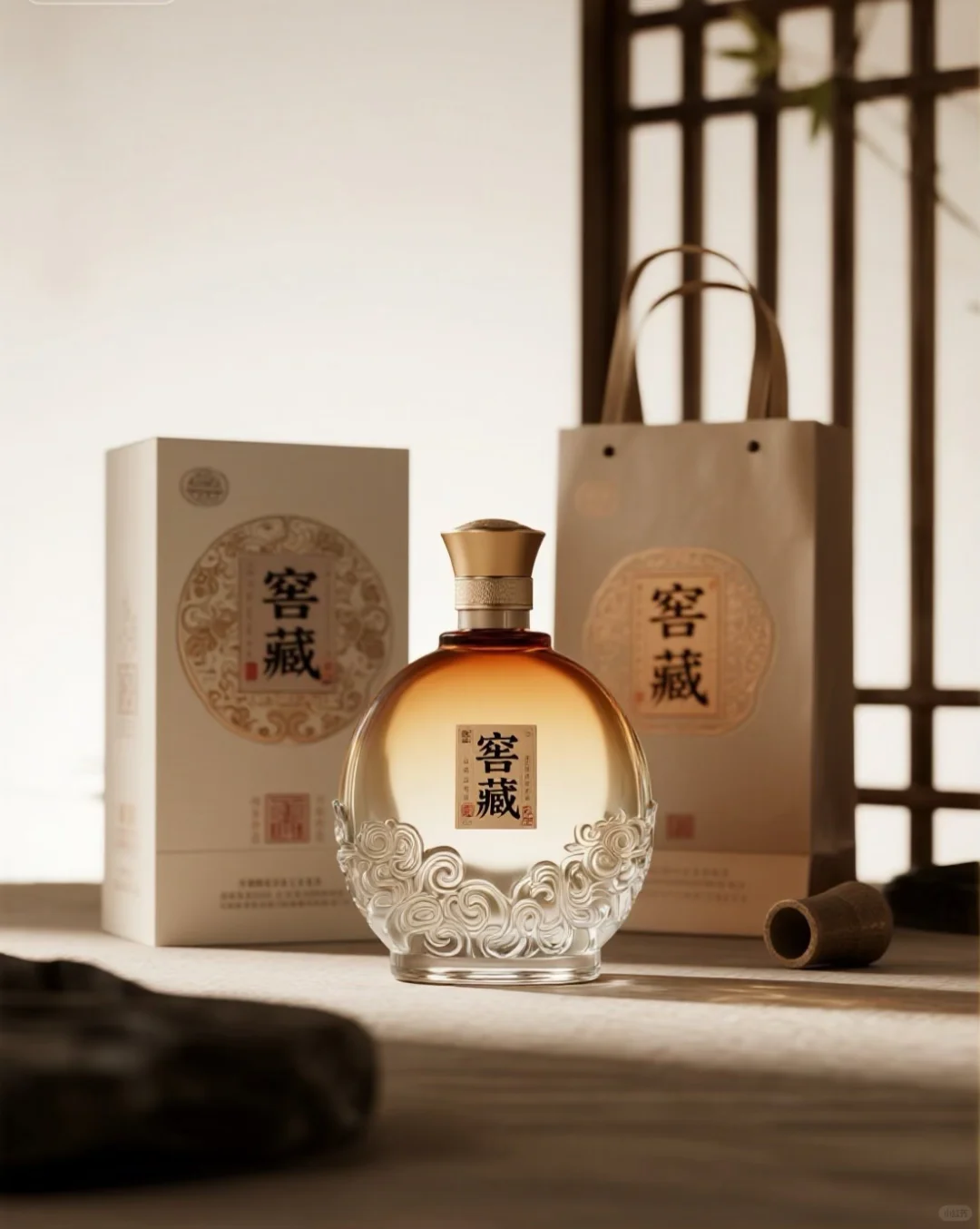 金色浮雕酒瓶建模设计 白酒外包装酒盒设计