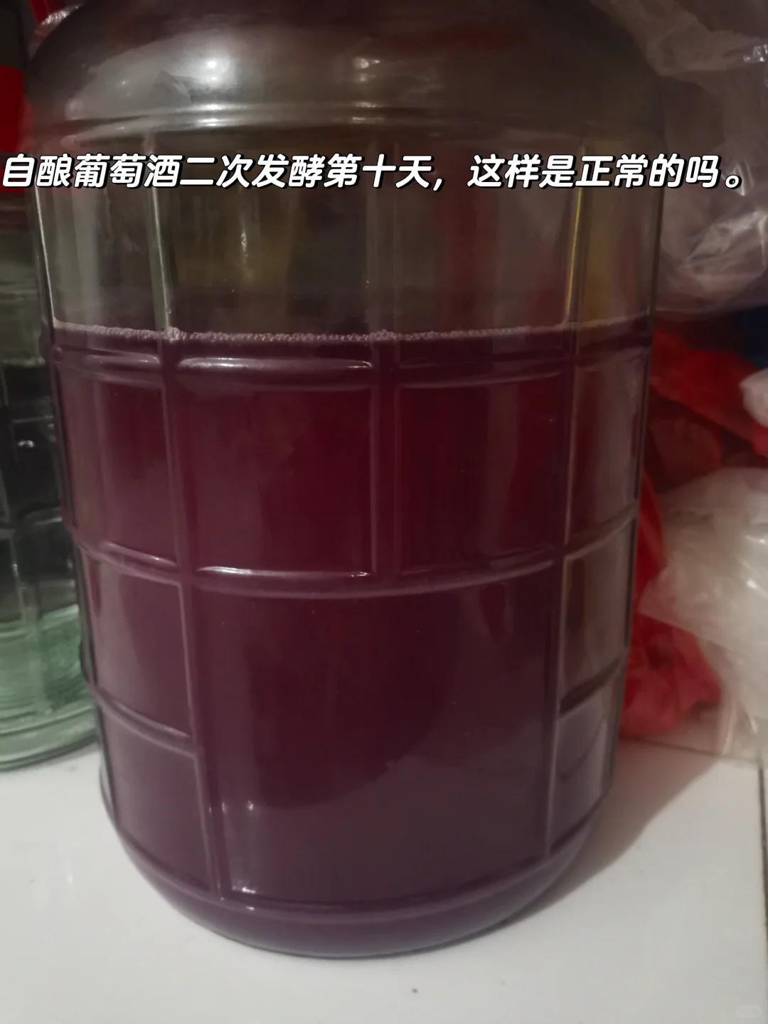 第一次酿葡萄酒，这是二次发酵十天的图片。