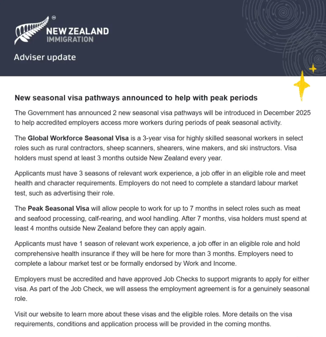 新西兰今天推出2种季节性工签！12月起可申请