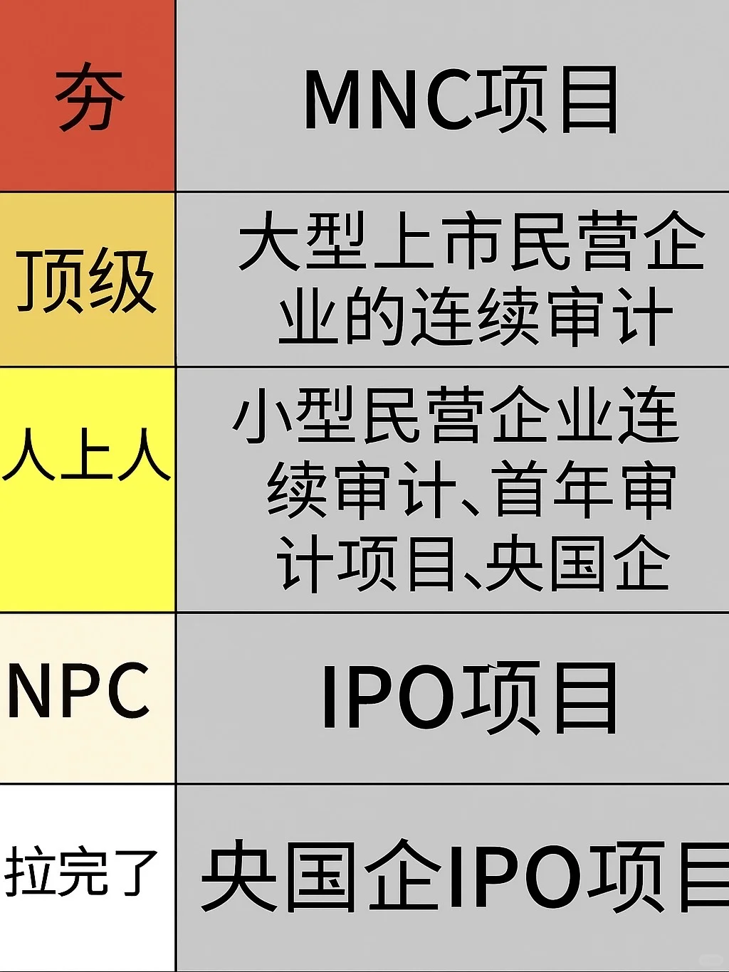 锐评不同审计项目，从夯到拉排名