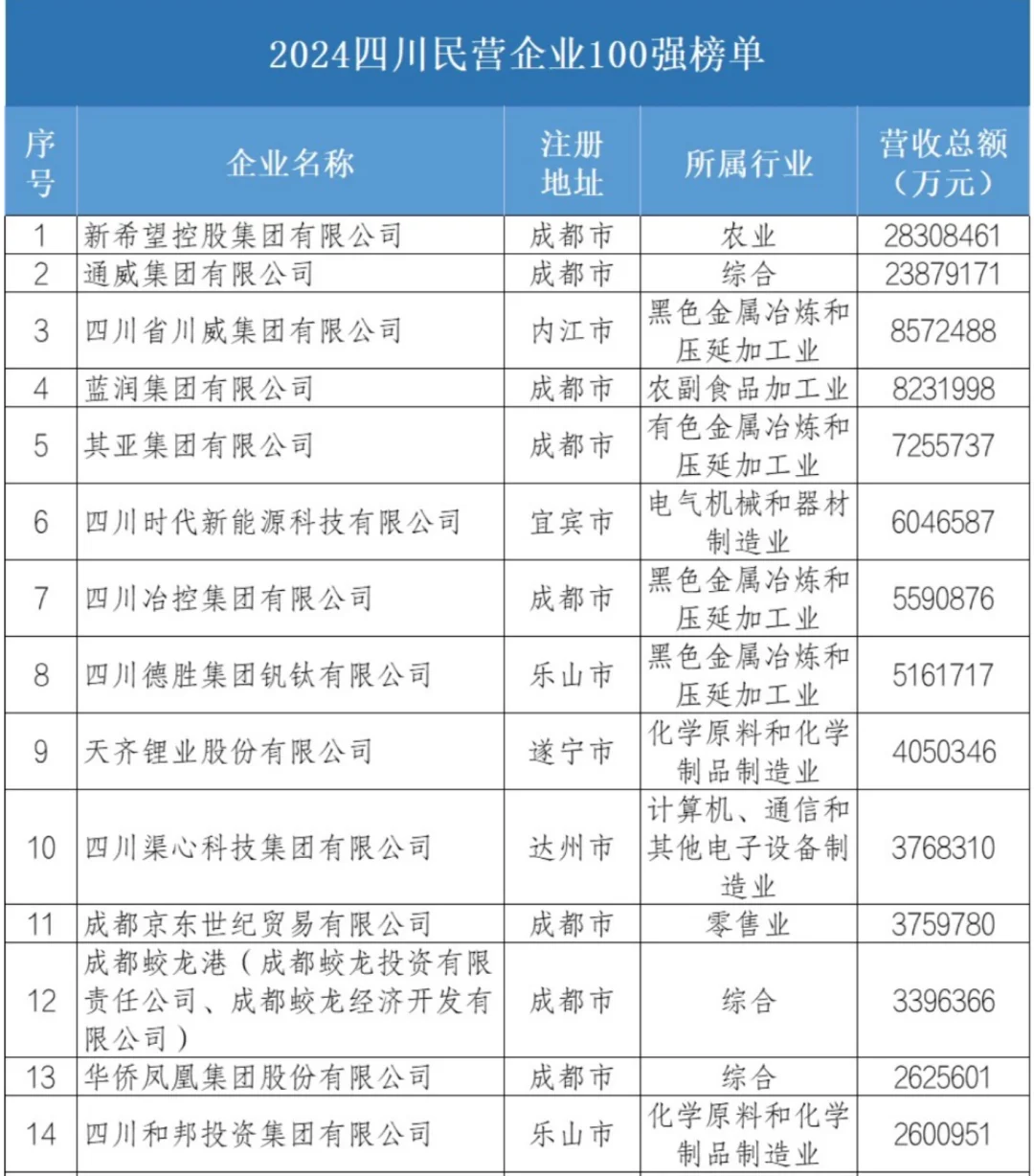2024年四川省民营企业100强排行榜