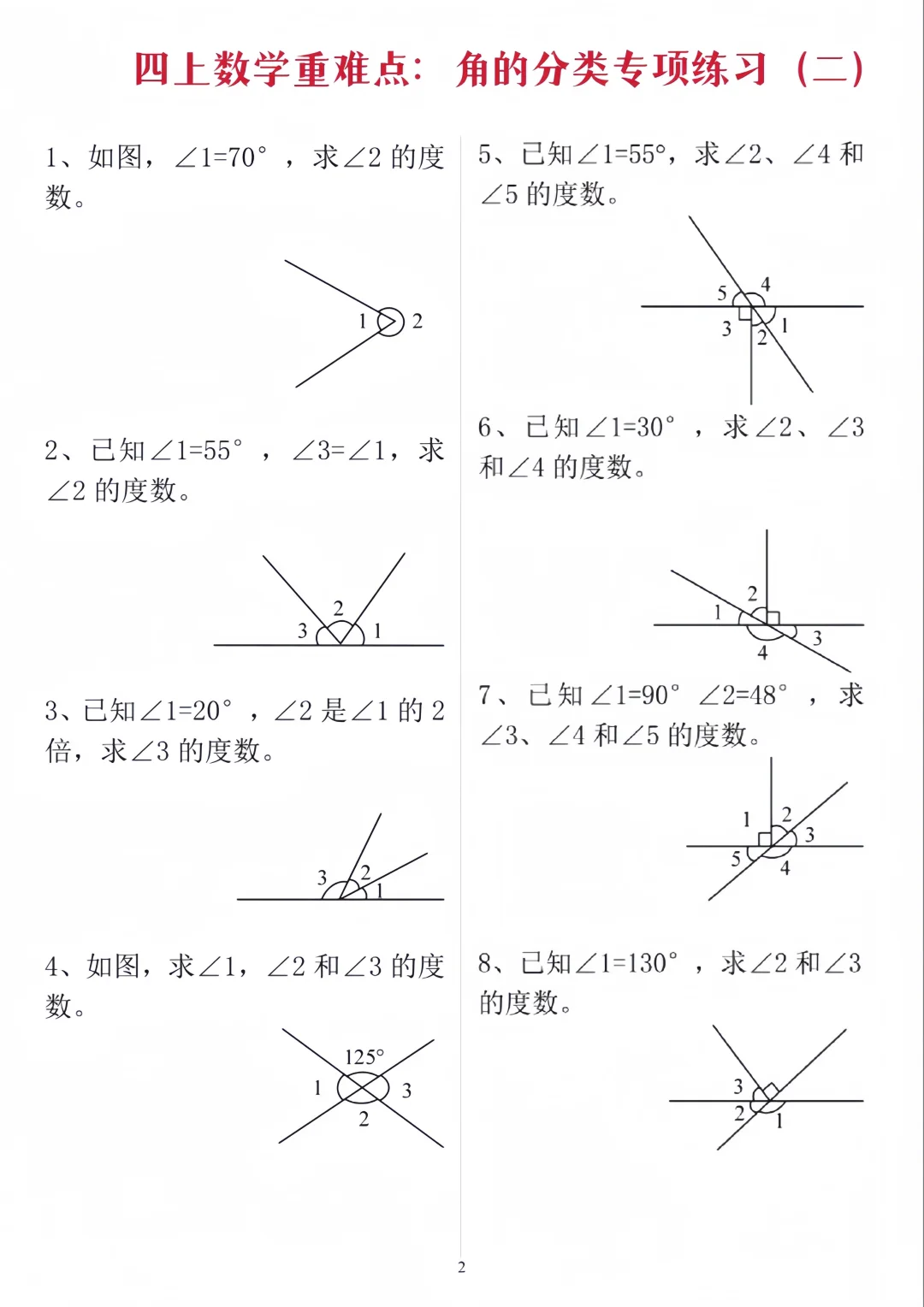 四年级上册数学角的度量角的分类专项练习题