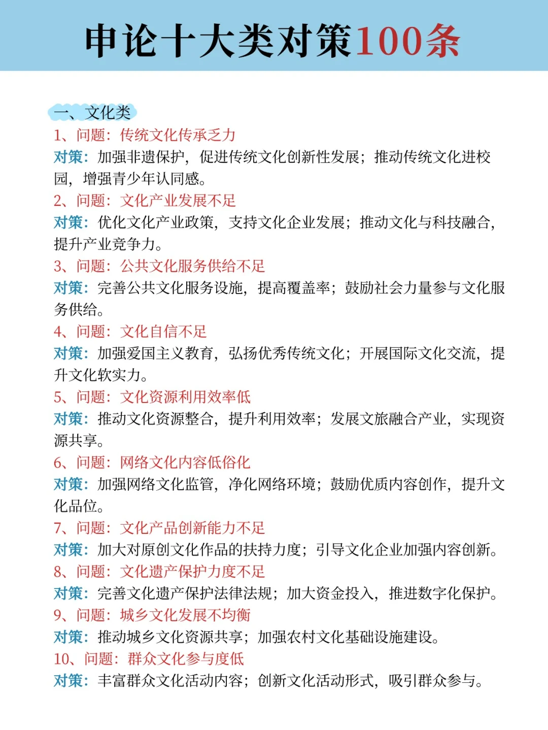 码住！申论常考十大领域对策100条！