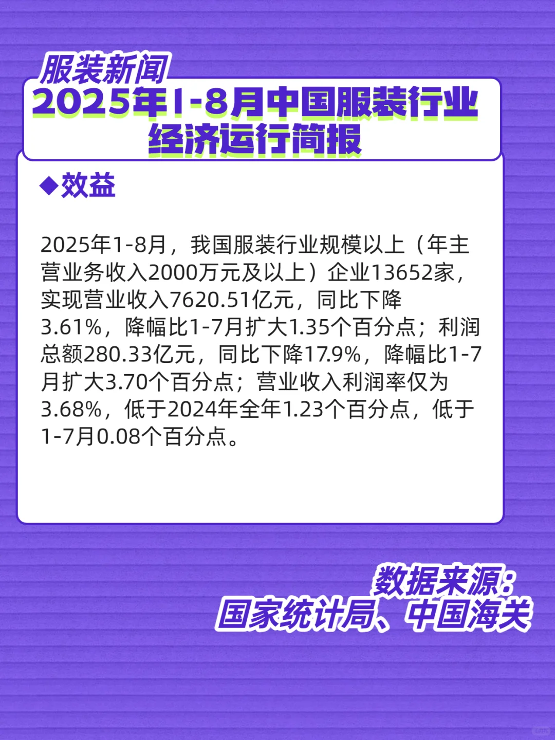 2025年1-8月中国服装行业经济运行简报