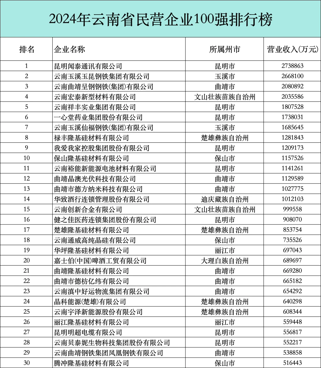 2024年云南省民营企业100强排行榜