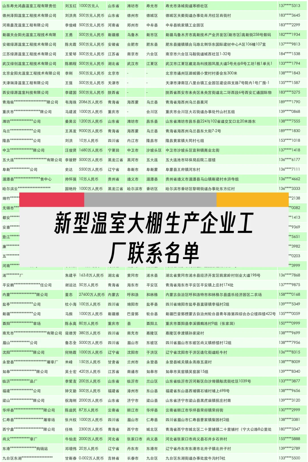 新型温室大棚生产企业工厂联系名单