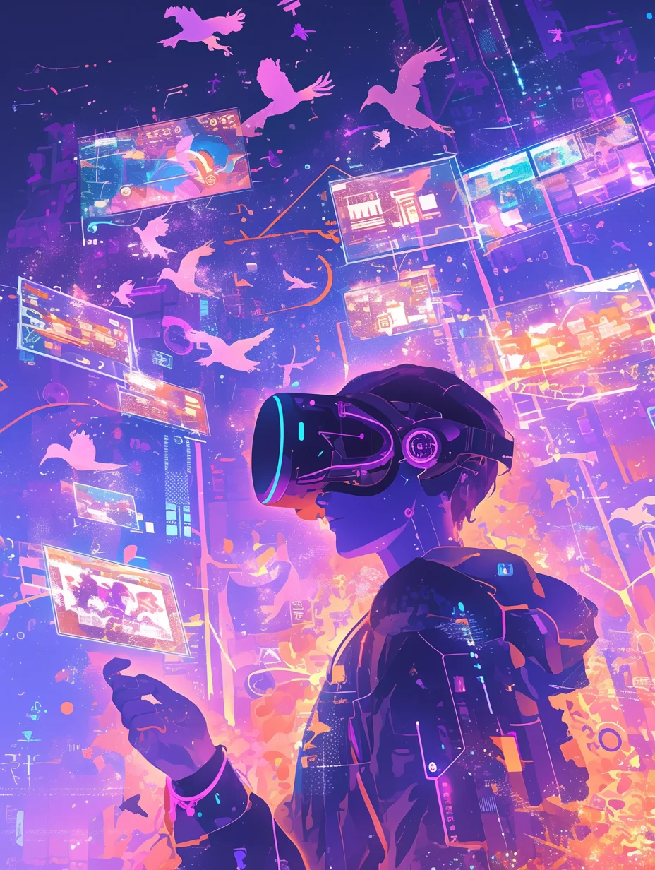 一个人戴着 VR 眼镜，周围有许多浮动的屏幕