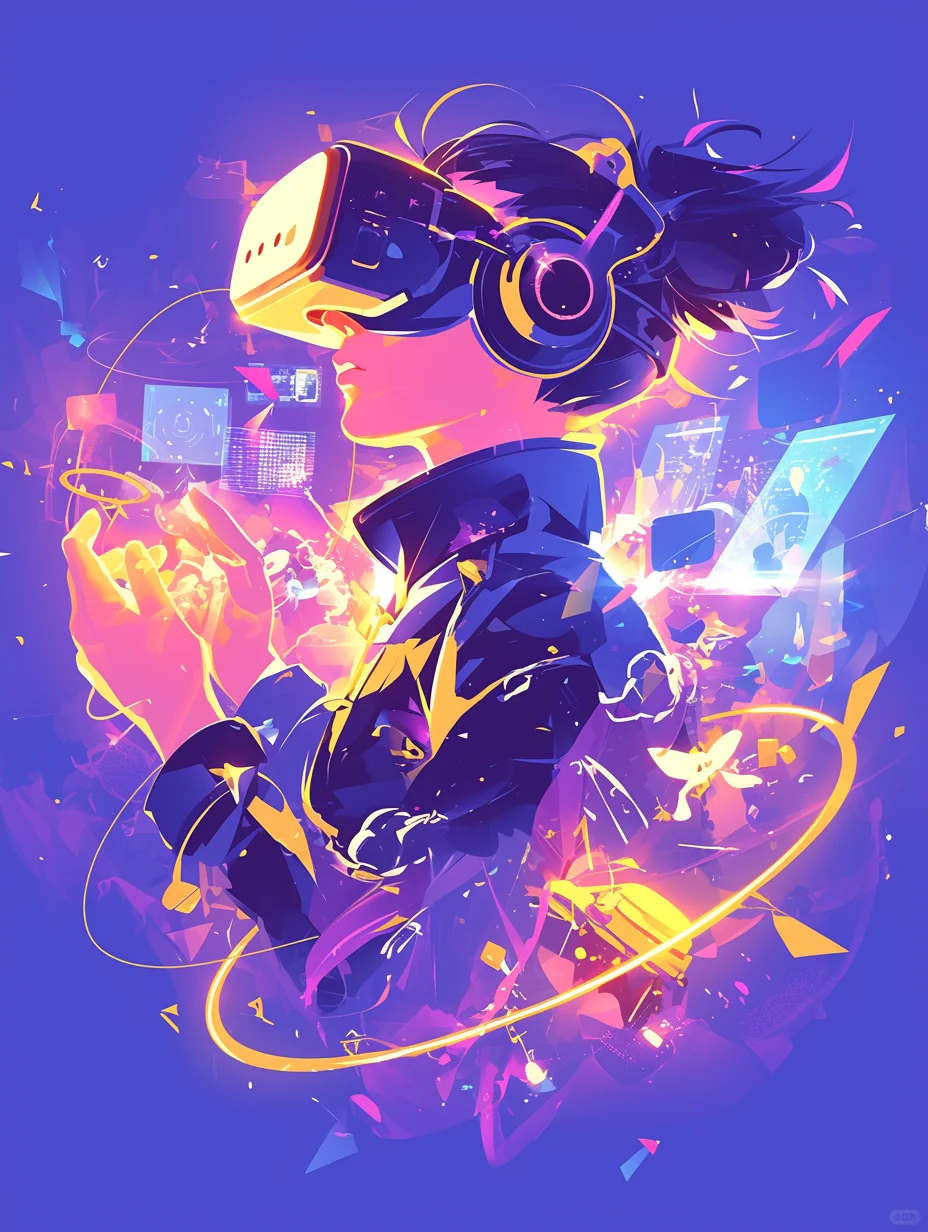 一个人戴着 VR 眼镜，周围有许多浮动的屏幕