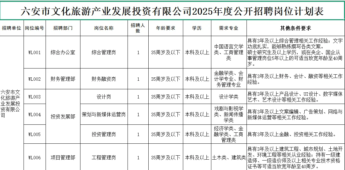 2025年六安市文旅产业发展投资公司招聘6人