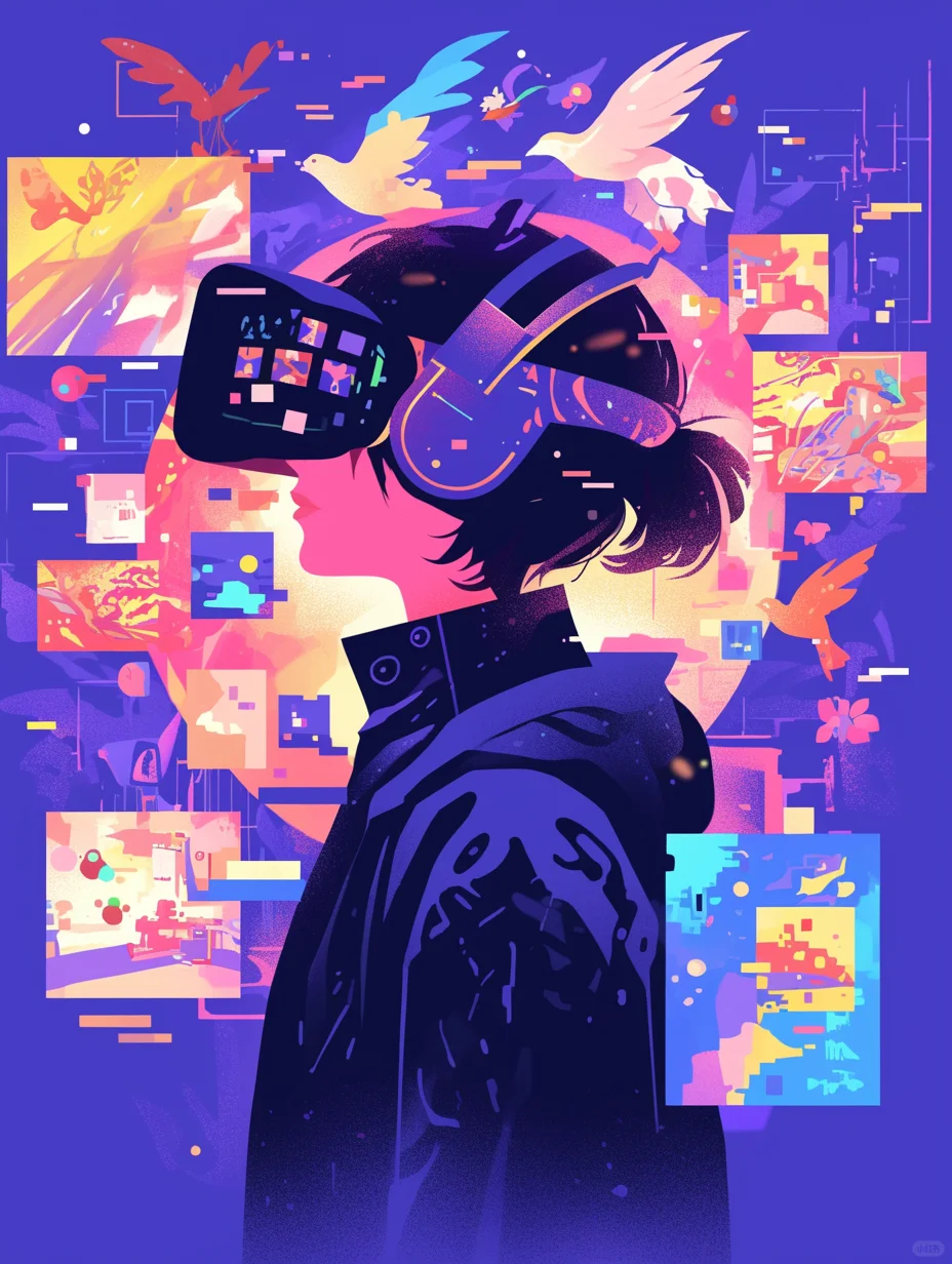 一个人戴着 VR 眼镜，周围有许多浮动的屏幕