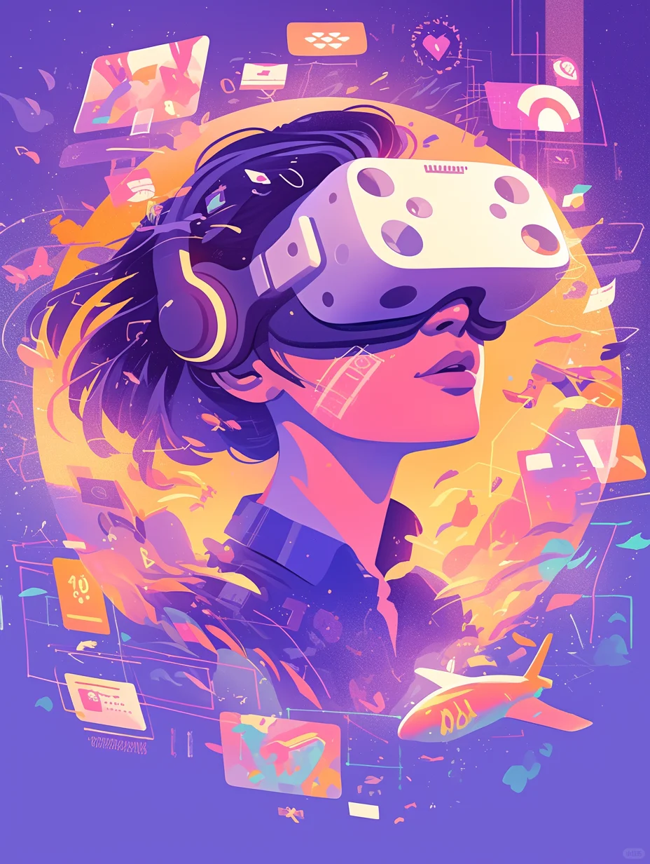 一个人戴着 VR 眼镜，周围有许多浮动的屏幕