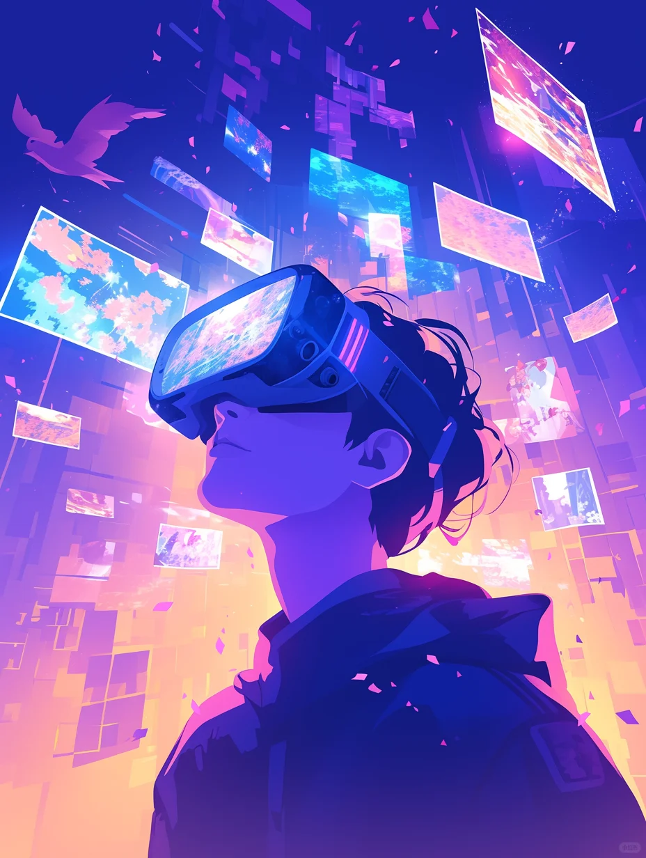 一个人戴着 VR 眼镜，周围有许多浮动的屏幕