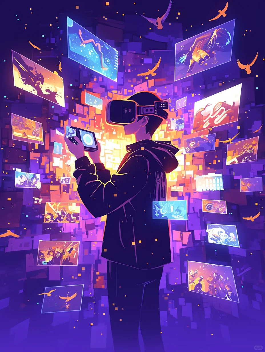 一个人戴着 VR 眼镜，周围有许多浮动的屏幕