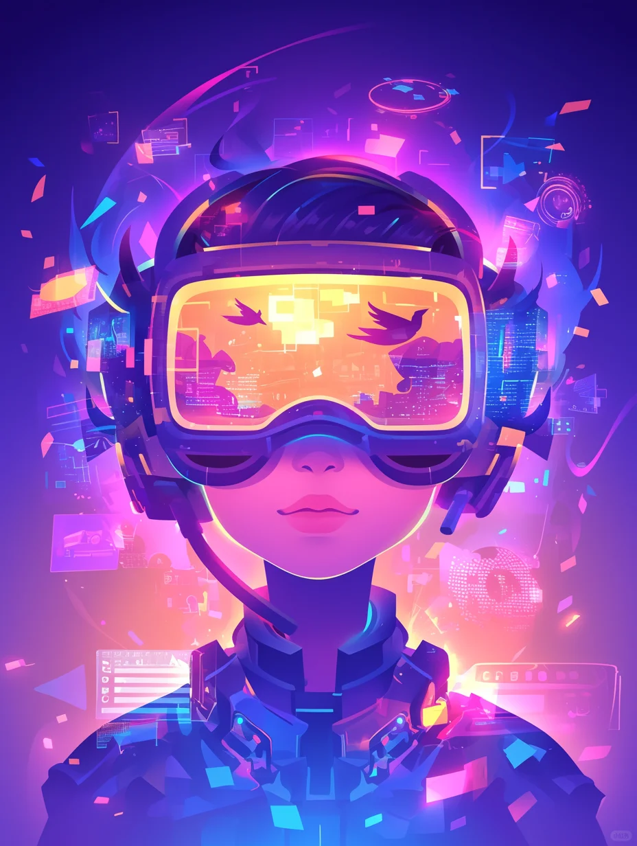 一个人戴着 VR 眼镜，周围有许多浮动的屏幕