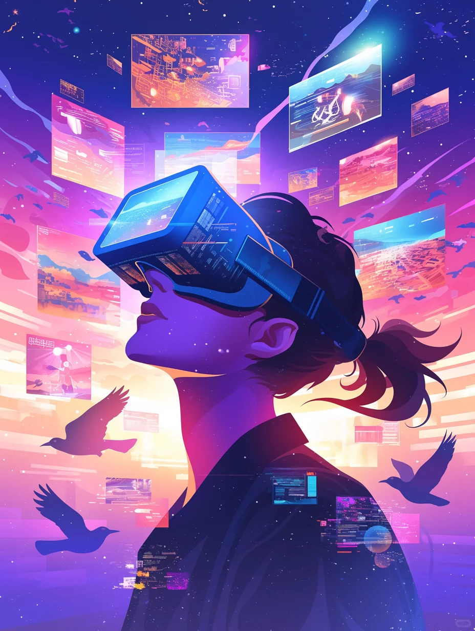 一个人戴着 VR 眼镜，周围有许多浮动的屏幕