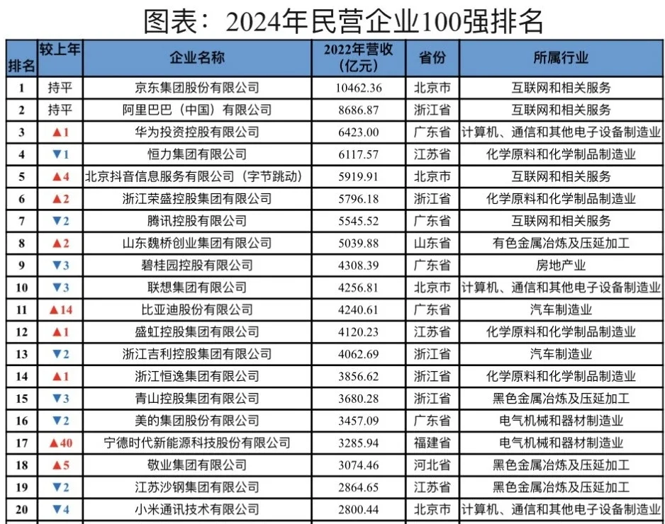 中国民营企业百强榜2024：大洗牌