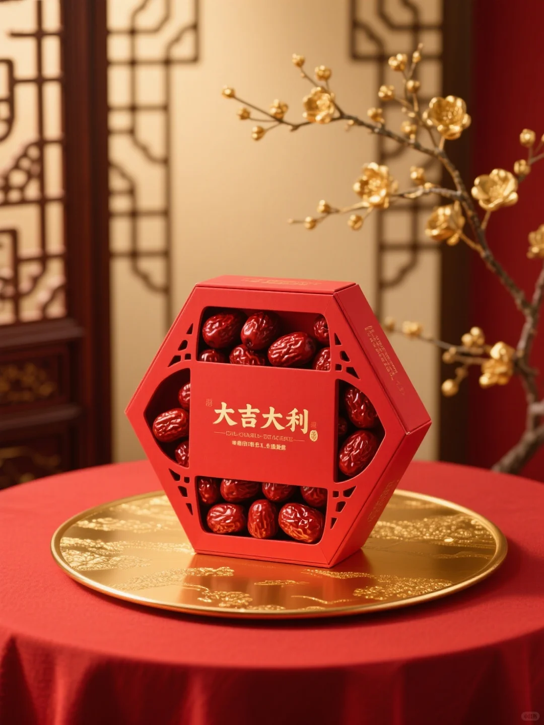 AI直出?中式国风产品新年礼盒场景图