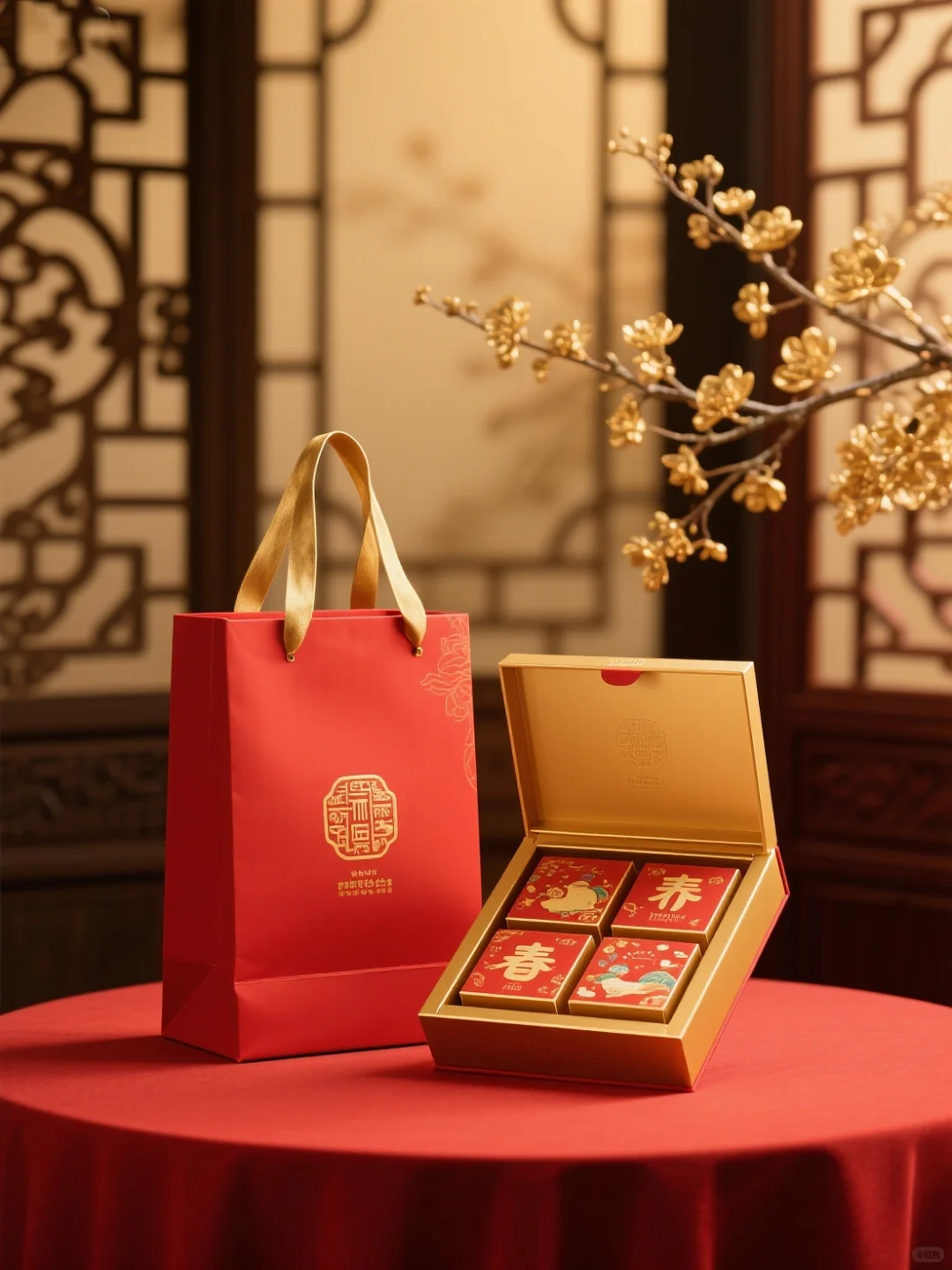 AI直出?中式国风产品新年礼盒场景图