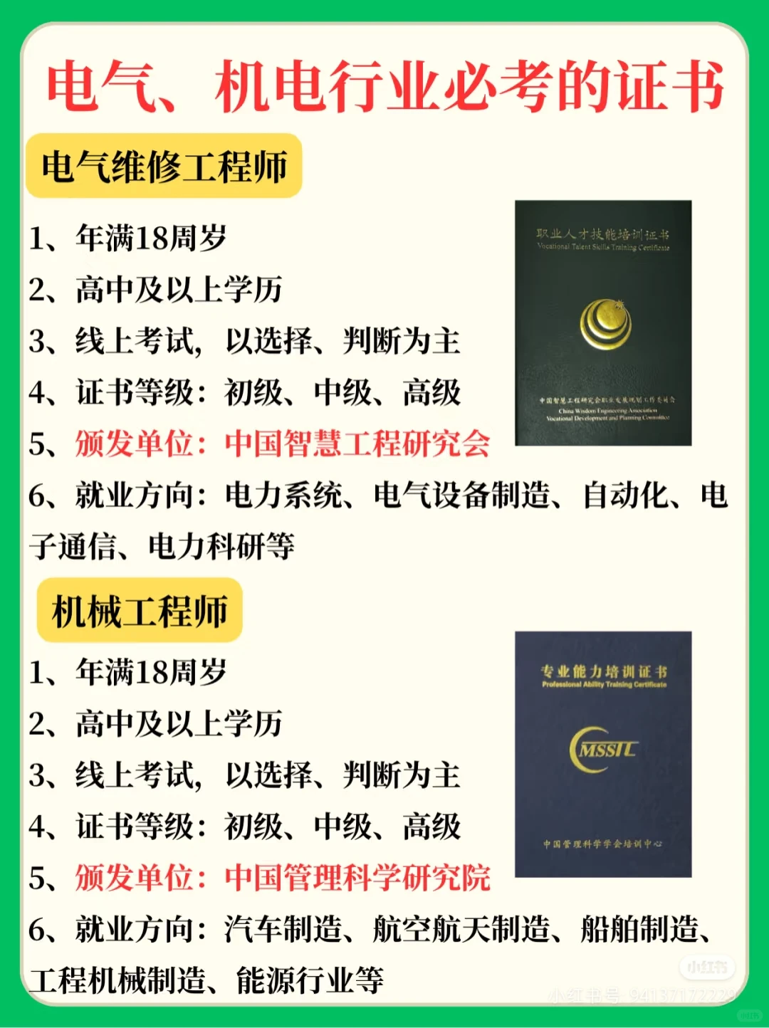 电气，机械行业证书