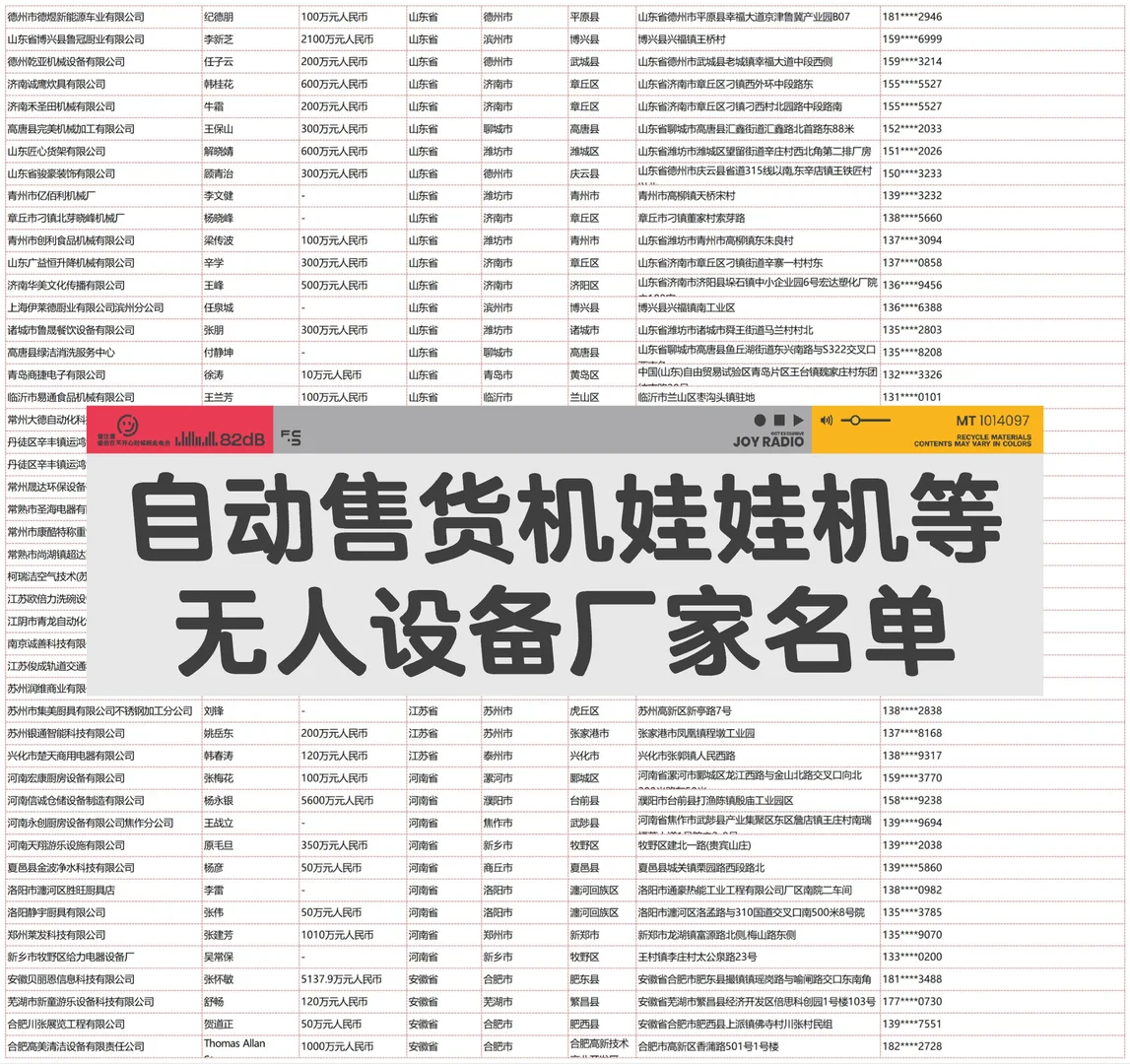 自动售货机娃娃机无人设备厂家企业名单名录