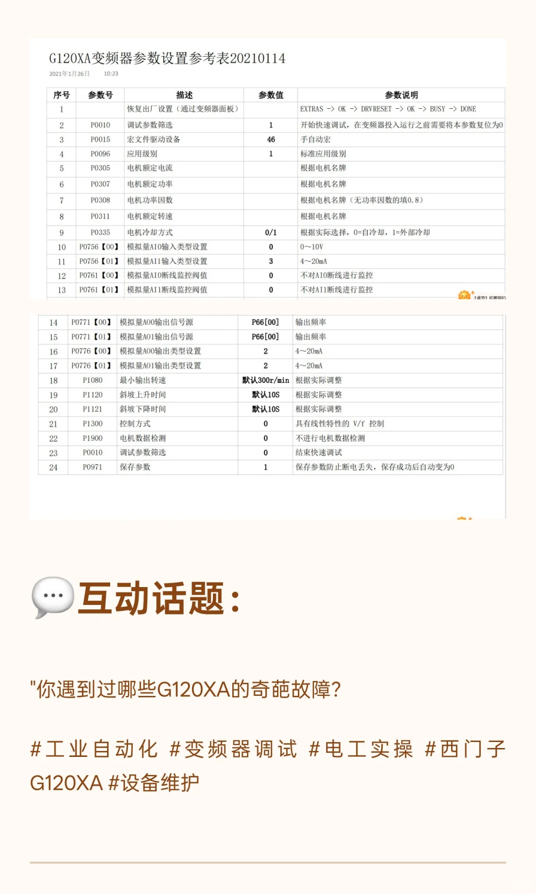西门子G120XA变频器参数设置说明，有需要的