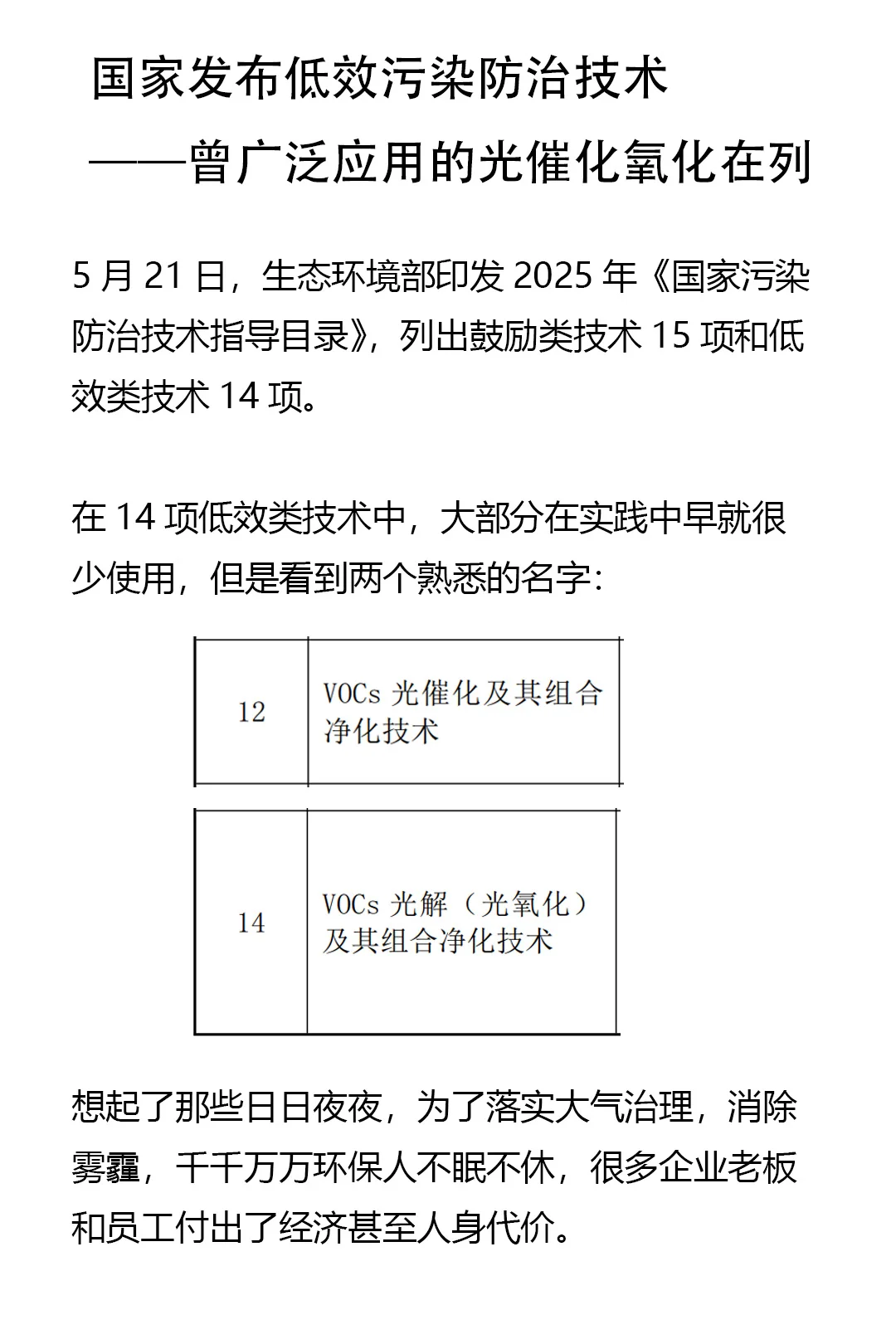 光催化氧化处理VOCs被公布为低效技术