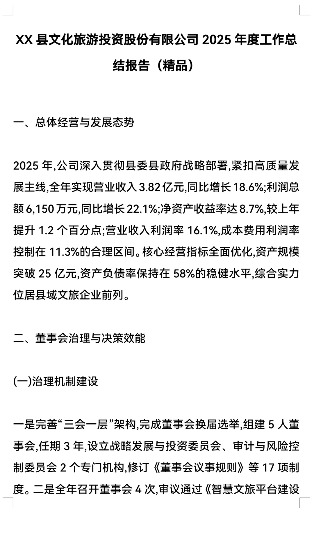 XX县文化旅游投资股份有限公司 2025年度工作