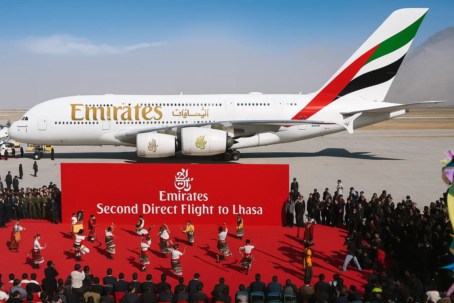 拉萨机场内场拍摄两架阿联酋航空A380