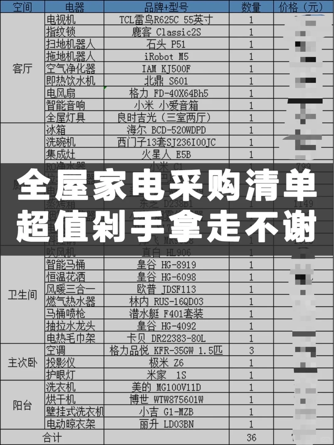 新房全屋家电采购清单，超值