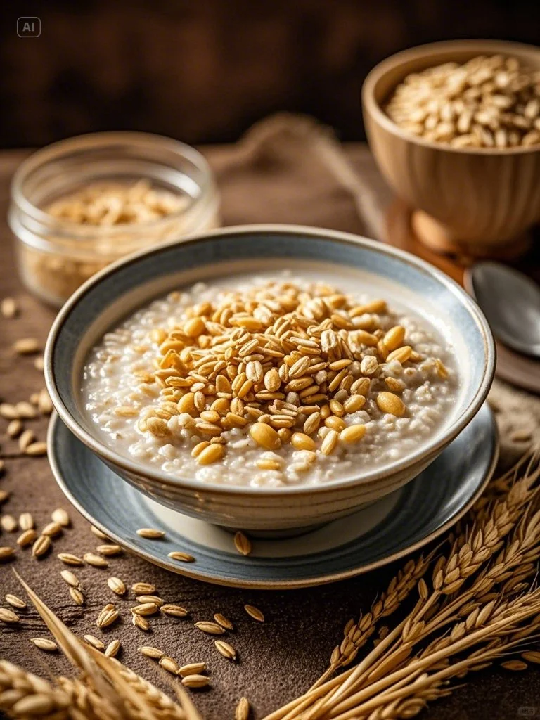 燕麦粥燕麦富含膳食纤维，有助于降低胆固醇