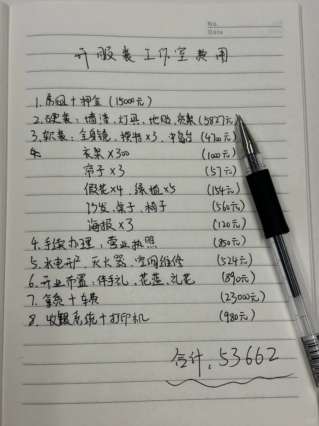 开服装工作室费用清单