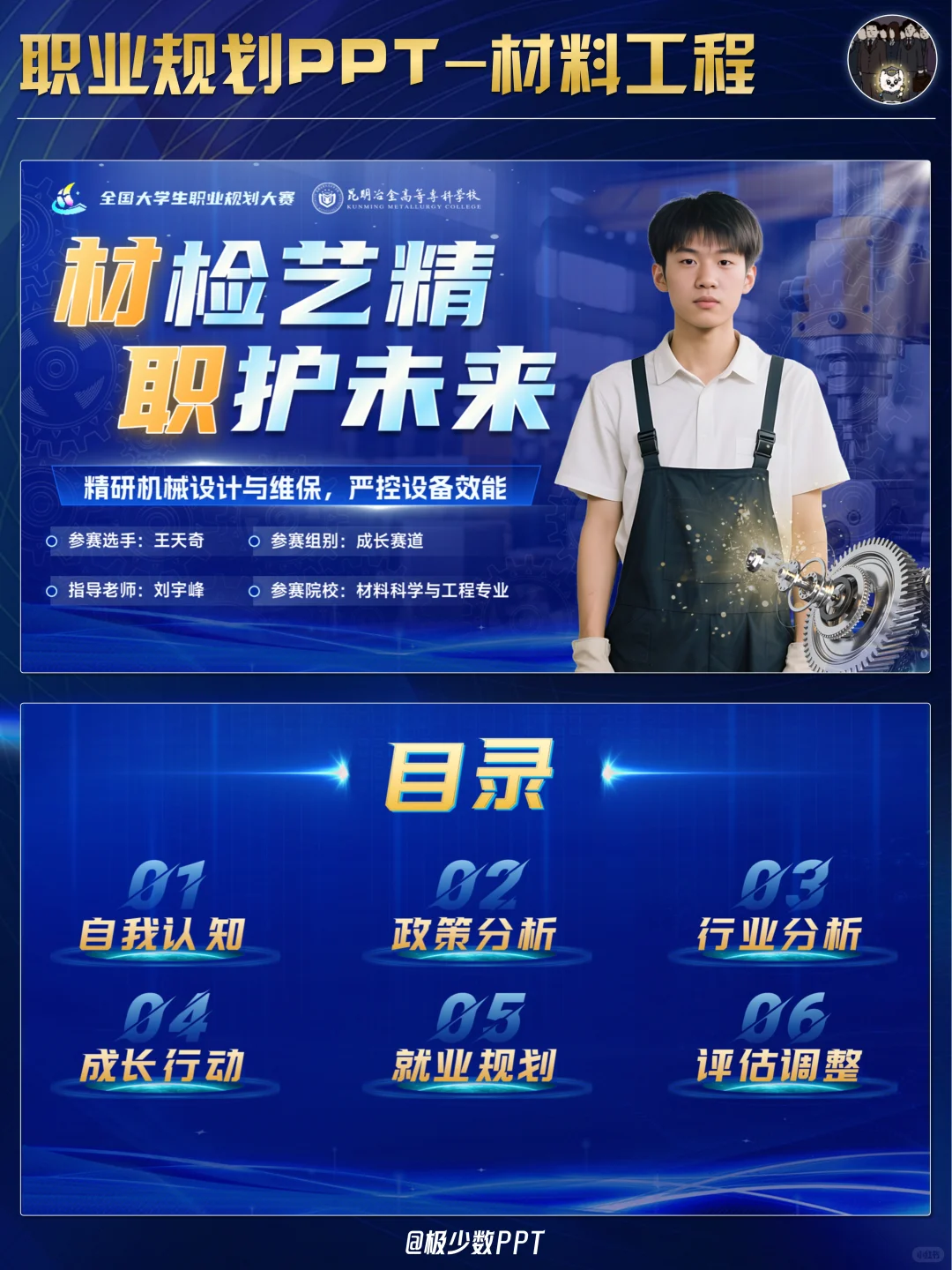 职规大赛丨蓝色科技风材料工程PPT模板