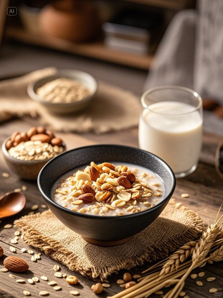 燕麦粥燕麦富含膳食纤维，有助于降低胆固醇