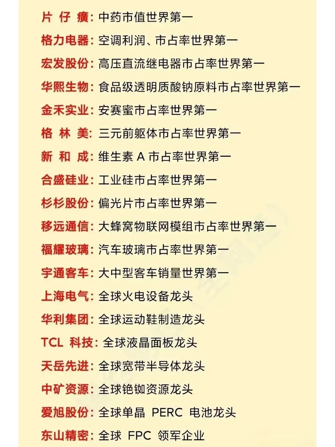 A股里的那些全球第一，行业龙头。