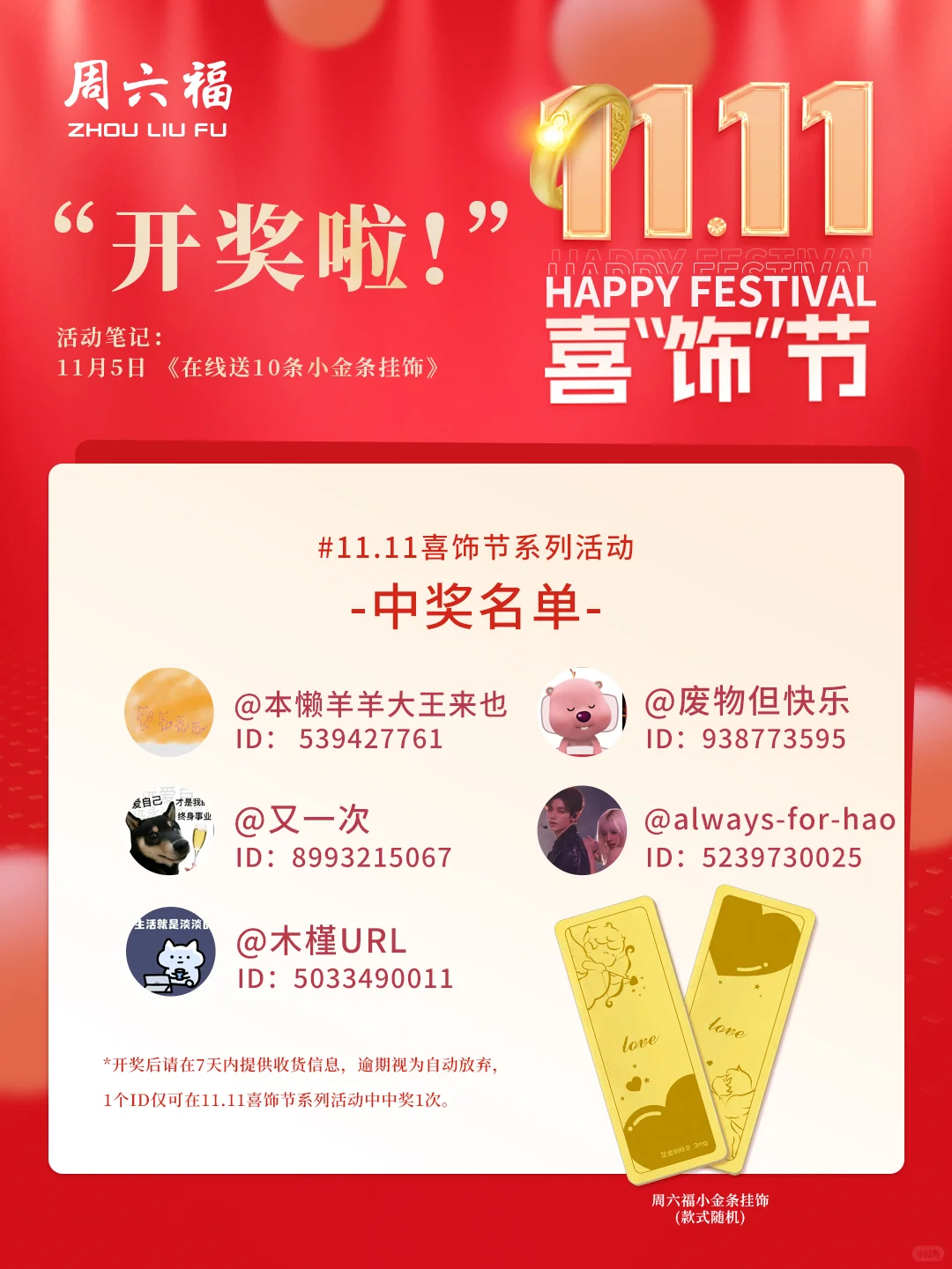 开奖啦!拿到5对小金条挂饰的是……