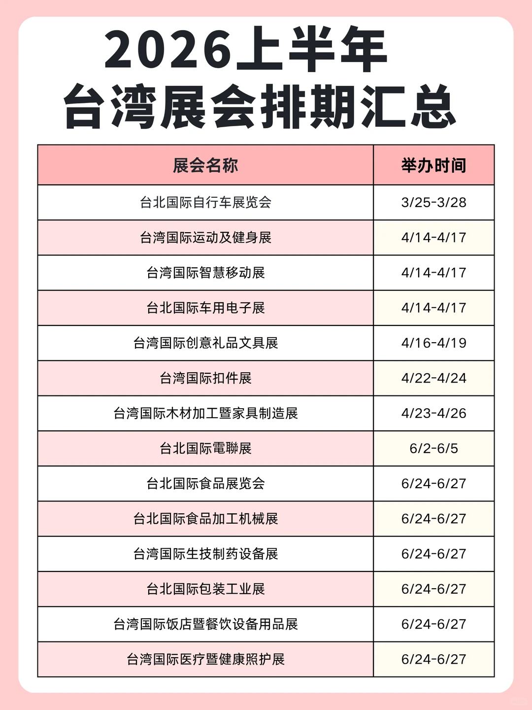 2026年的入台展会时间表出来咯～