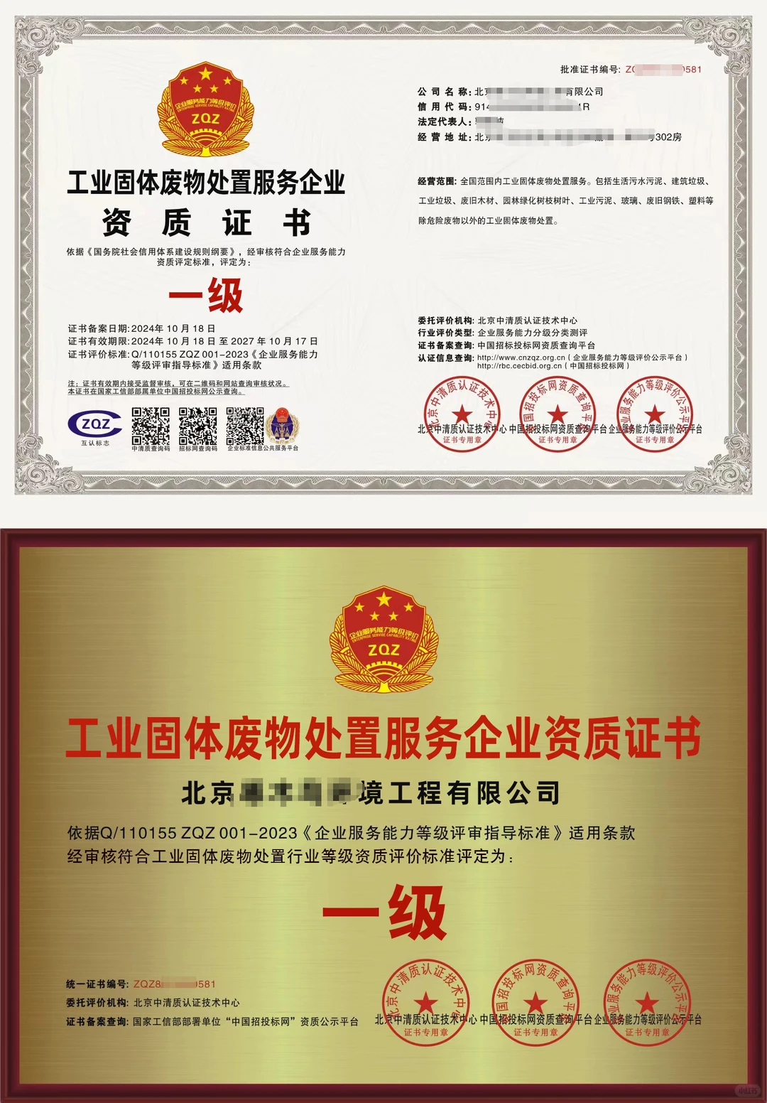 工业固体废物处置服务企业资质证书