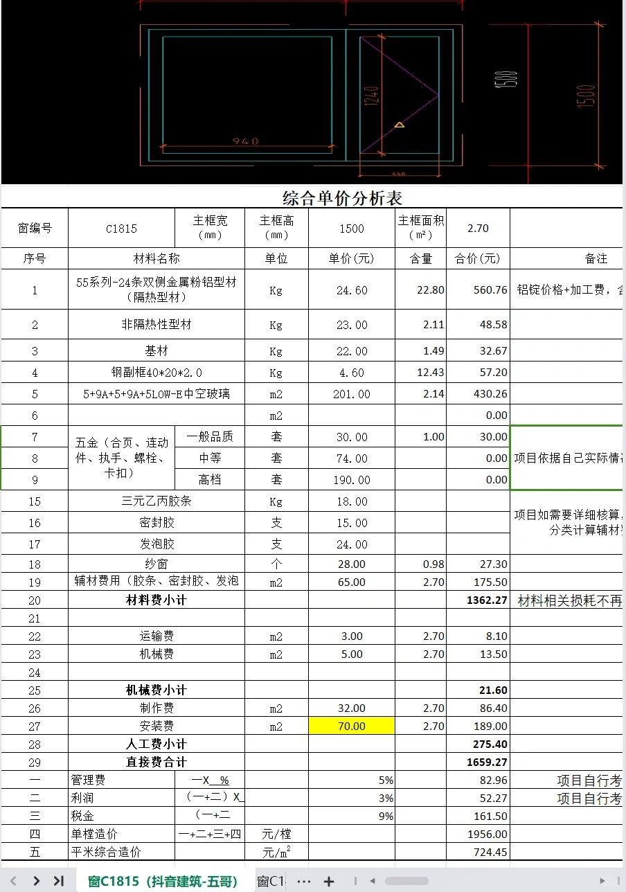 门窗、栏杆、雨棚、幕墙综合单价分析表