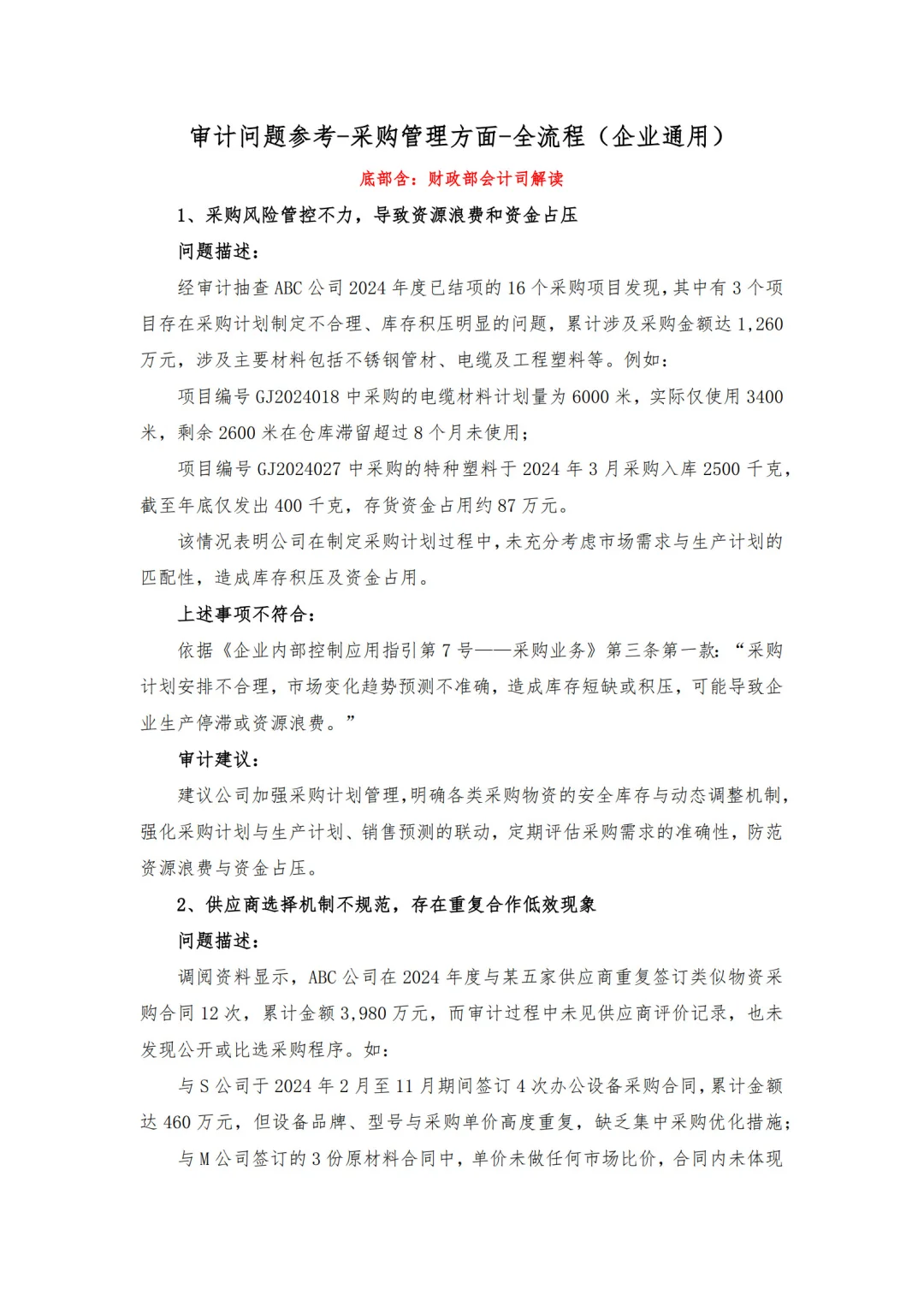 【审计问题参考】-采购管理方面